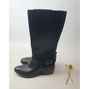 Clarks black leather knee high boots with low wooden heel size UK 5/US 7