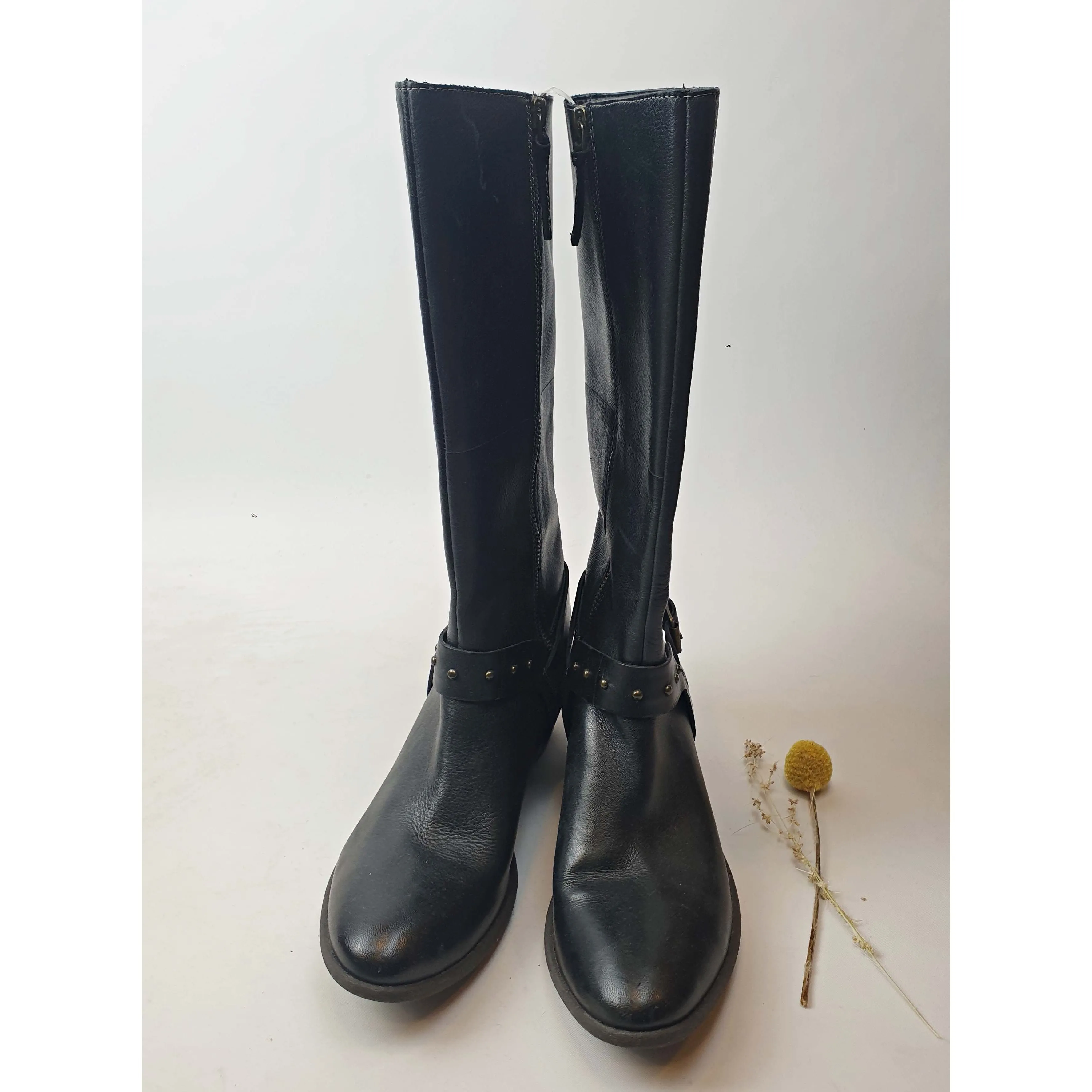 Clarks black leather knee high boots with low wooden heel size UK 5/US 7
