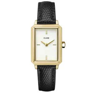 Cluse Fluette Gold Rectangle Face Black Leather Strap Watch