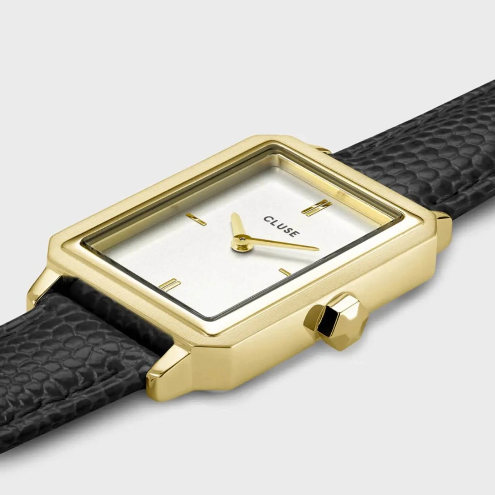 Cluse Fluette Gold Rectangle Face Black Leather Strap Watch