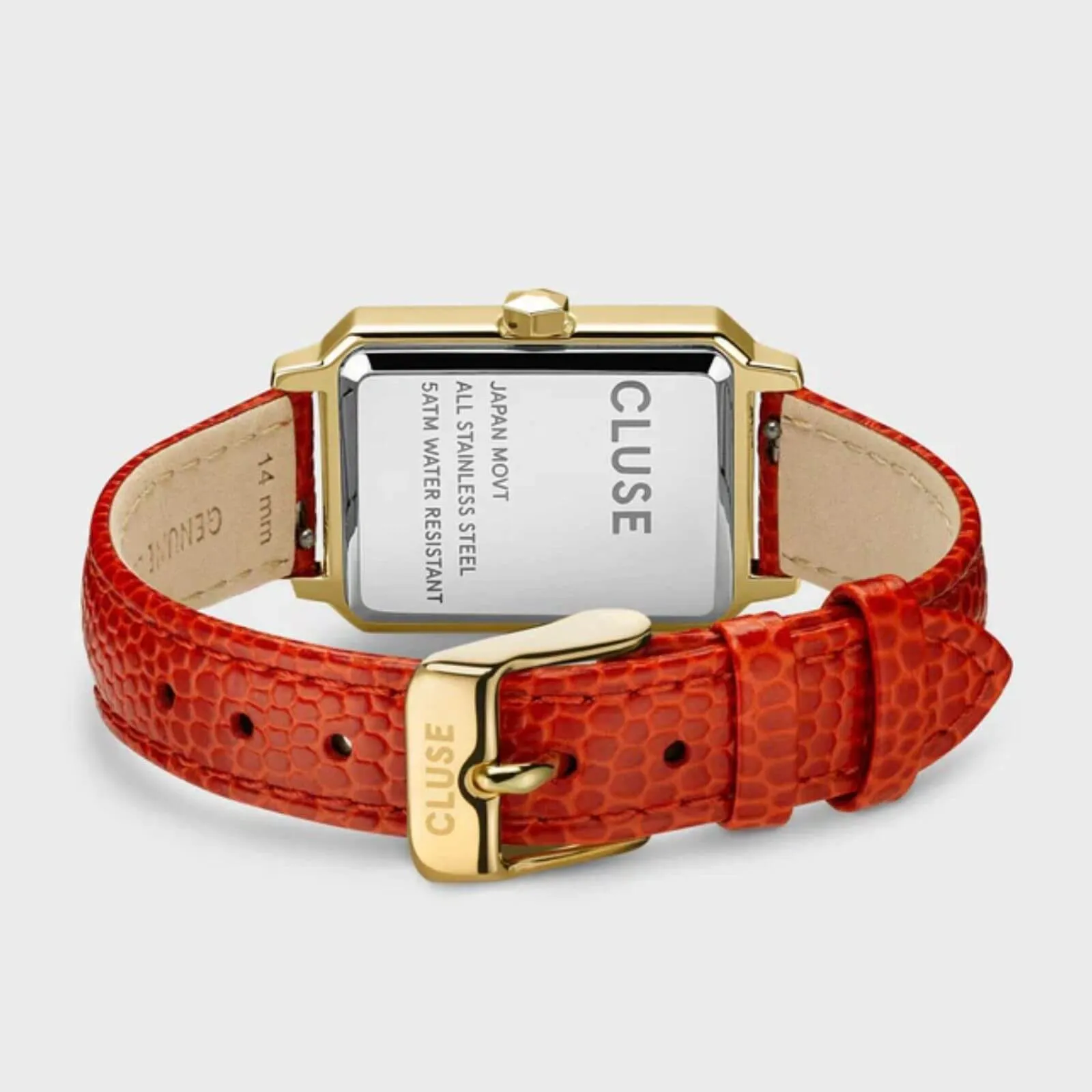 Cluse Fluette Gold Rectangle Face Coral Leather Strap Watch