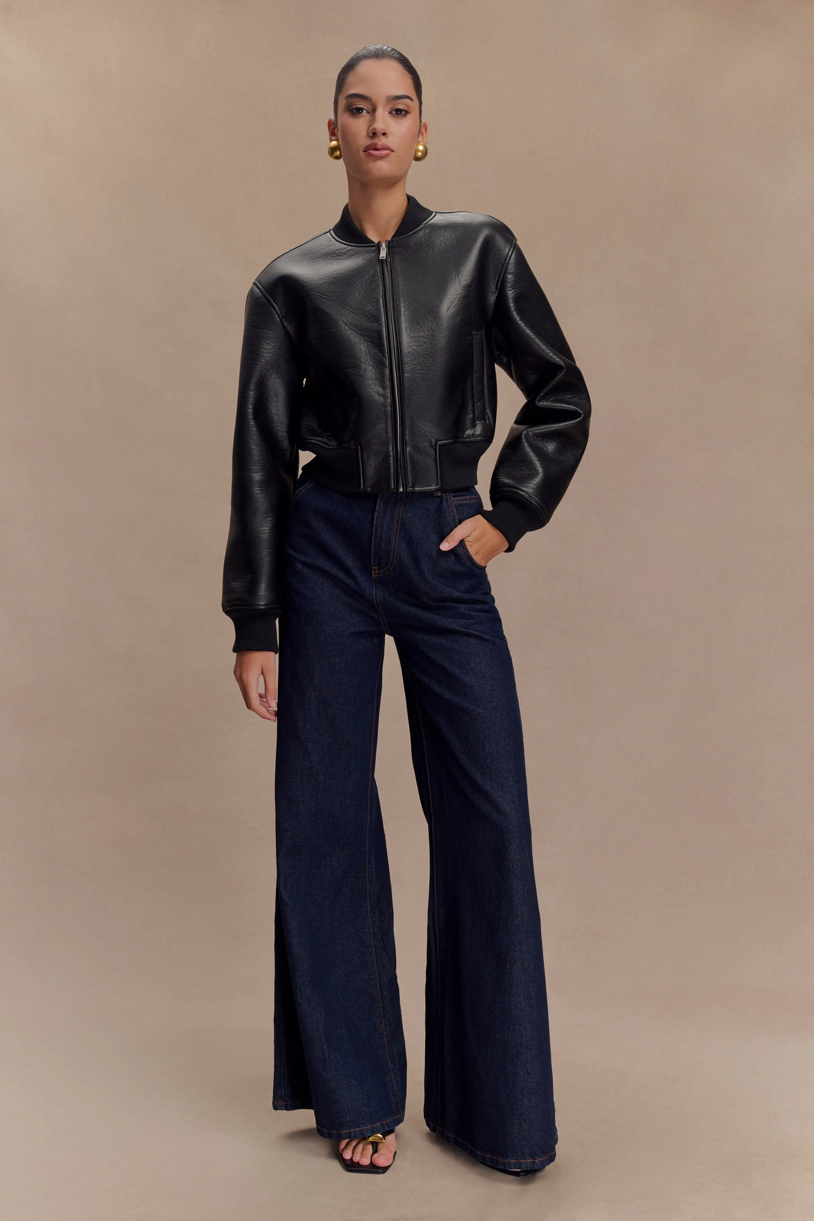 Codi Faux Leather Bomber Jacket - Black
