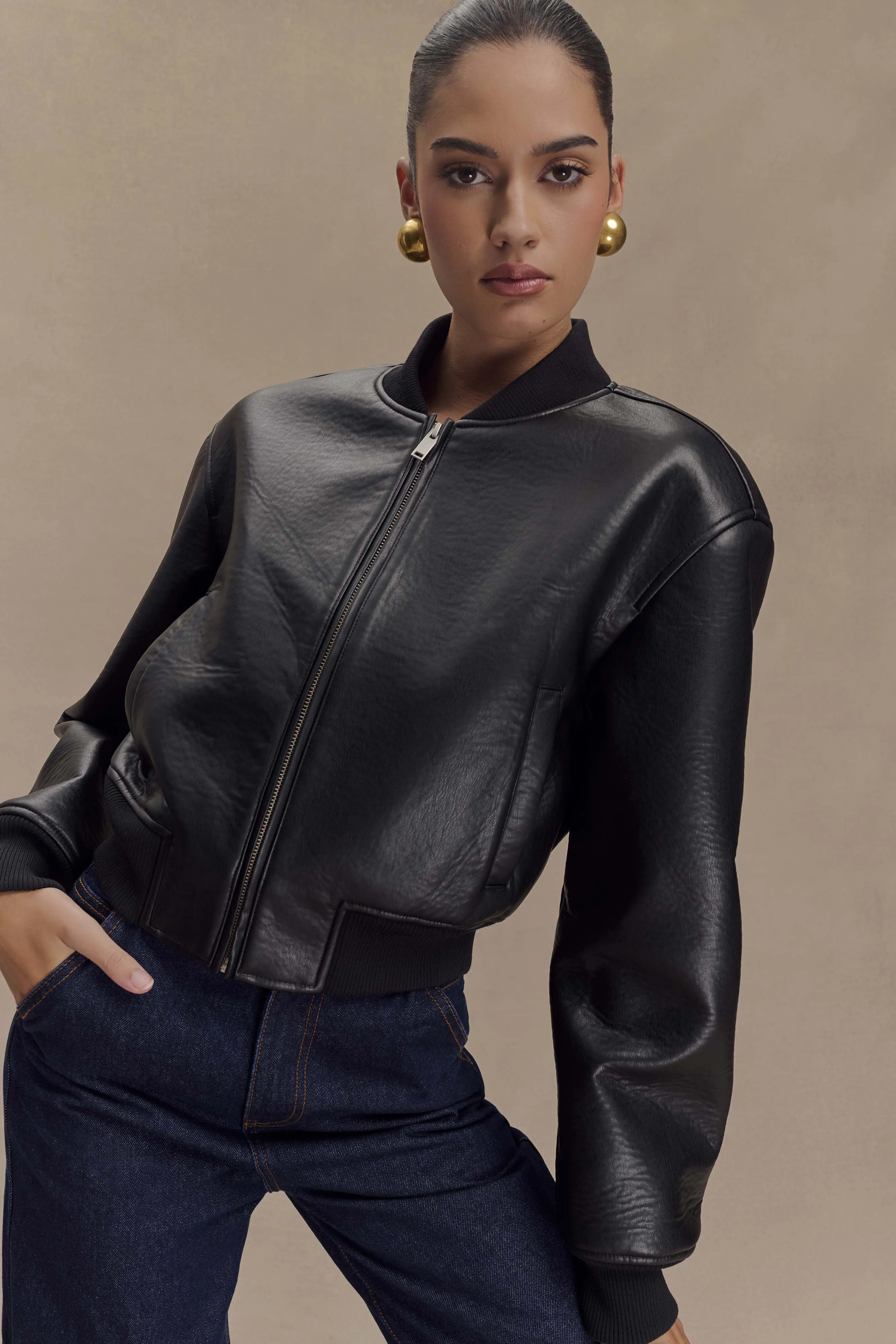 Codi Faux Leather Bomber Jacket - Black