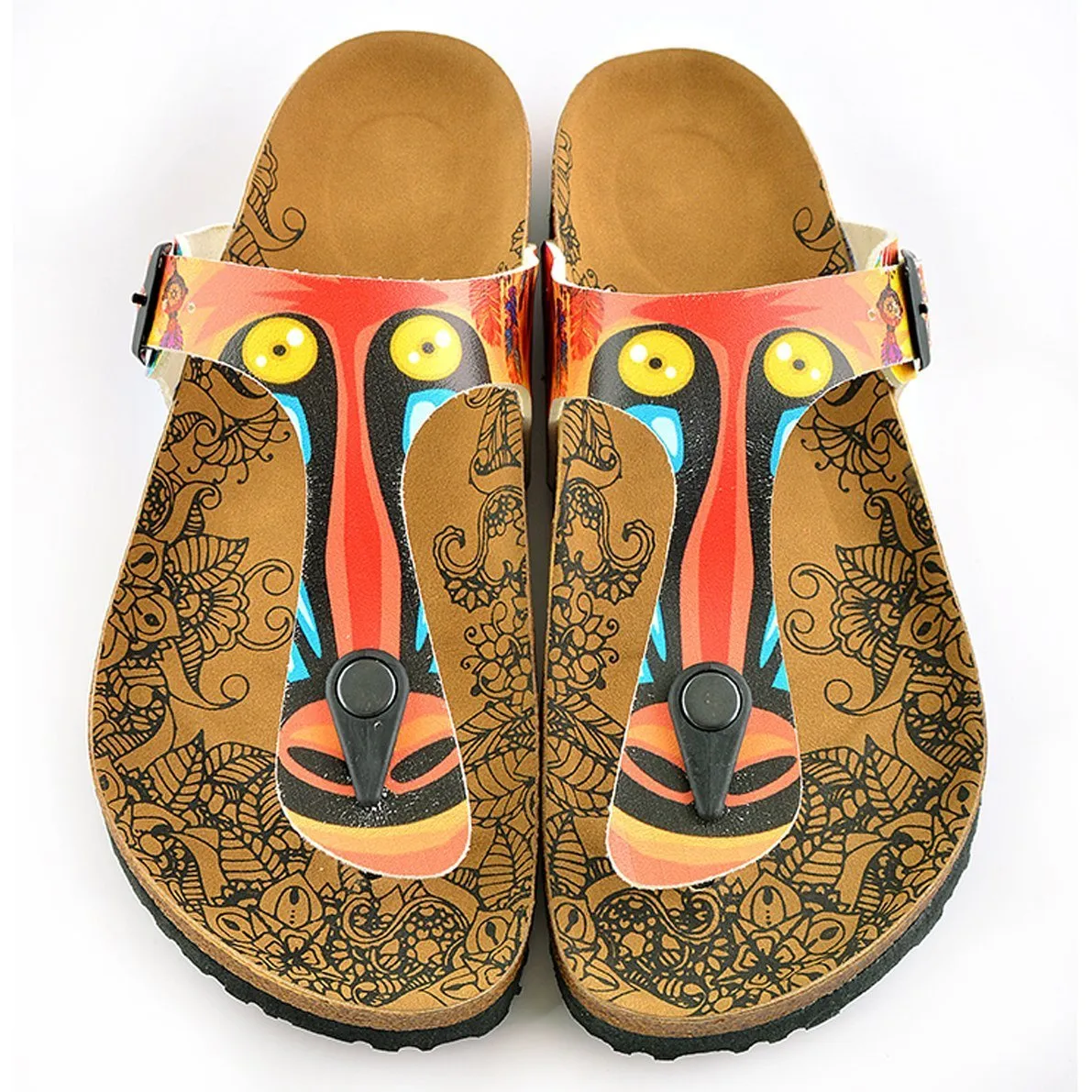 Colored Feathered, Patterned and Yellow-Eyed Chimp, Patterned Sandal - CAL519