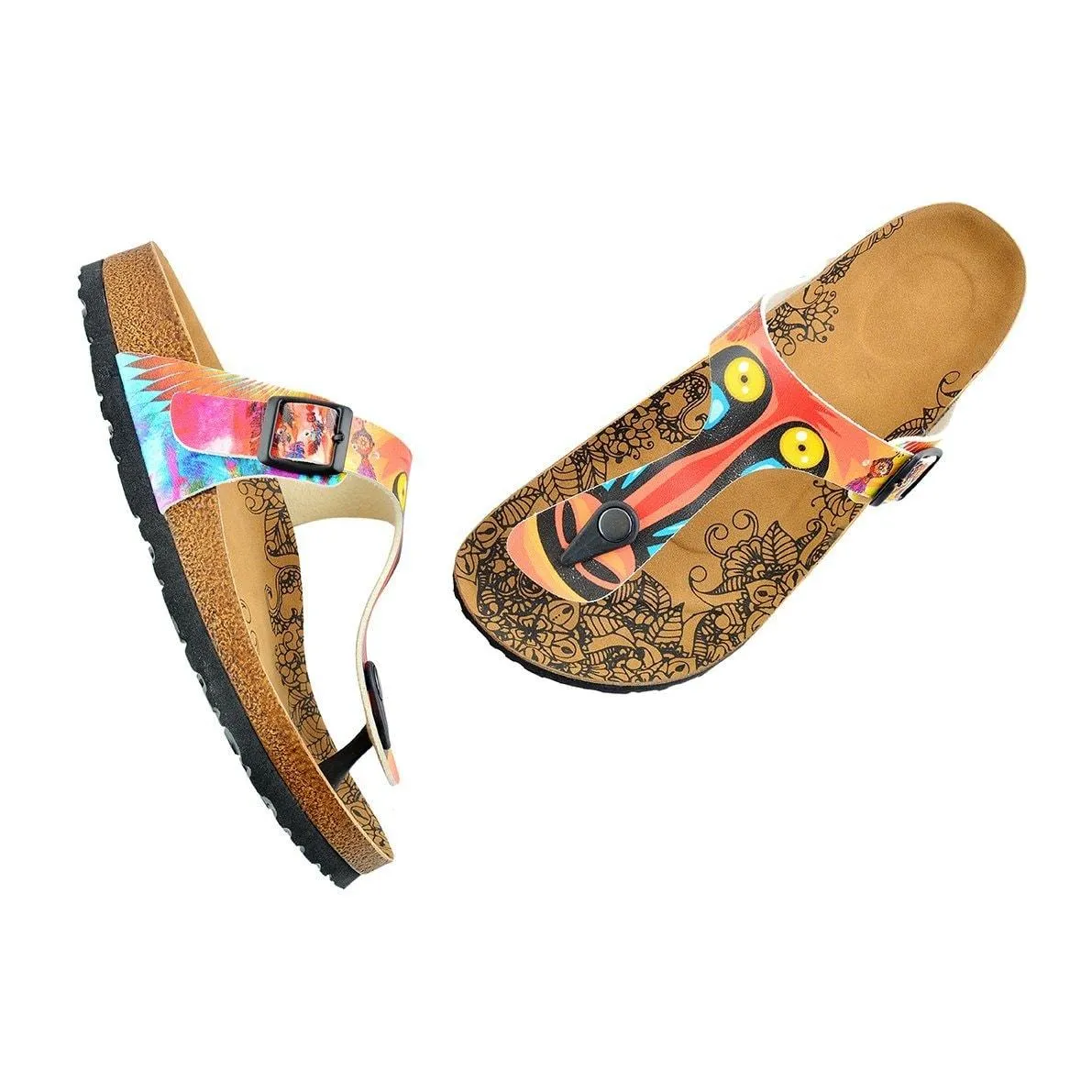 Colored Feathered, Patterned and Yellow-Eyed Chimp, Patterned Sandal - CAL519