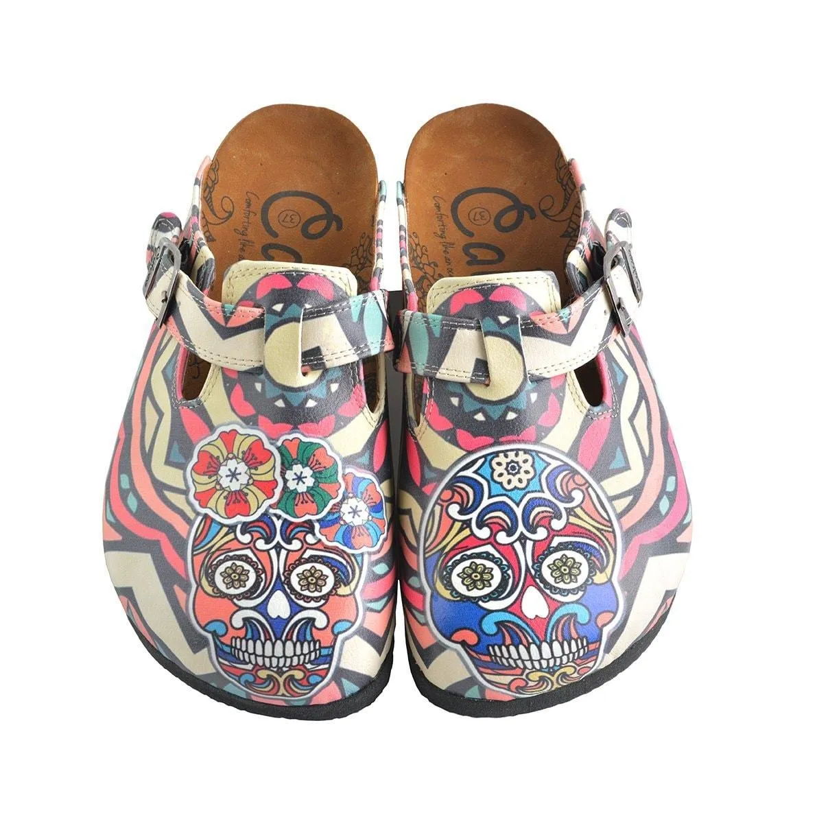 Colored Moving, Mixed Striped Pattern and Pink Flowers Dry Skull Patterned Clogs - WCAL356