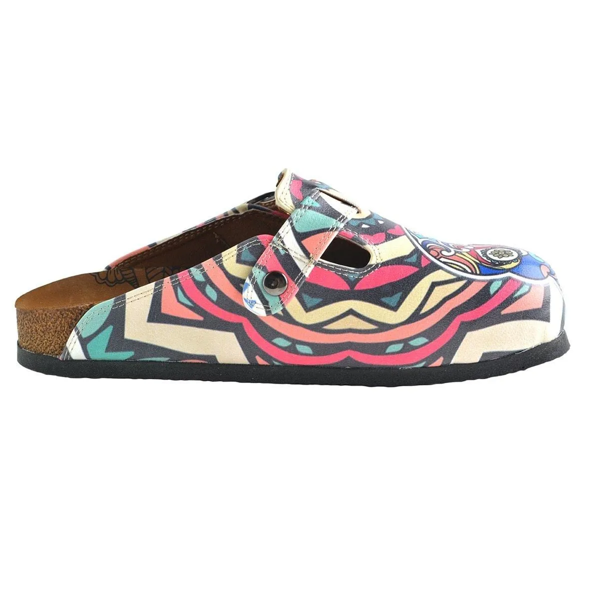 Colored Moving, Mixed Striped Pattern and Pink Flowers Dry Skull Patterned Clogs - WCAL356