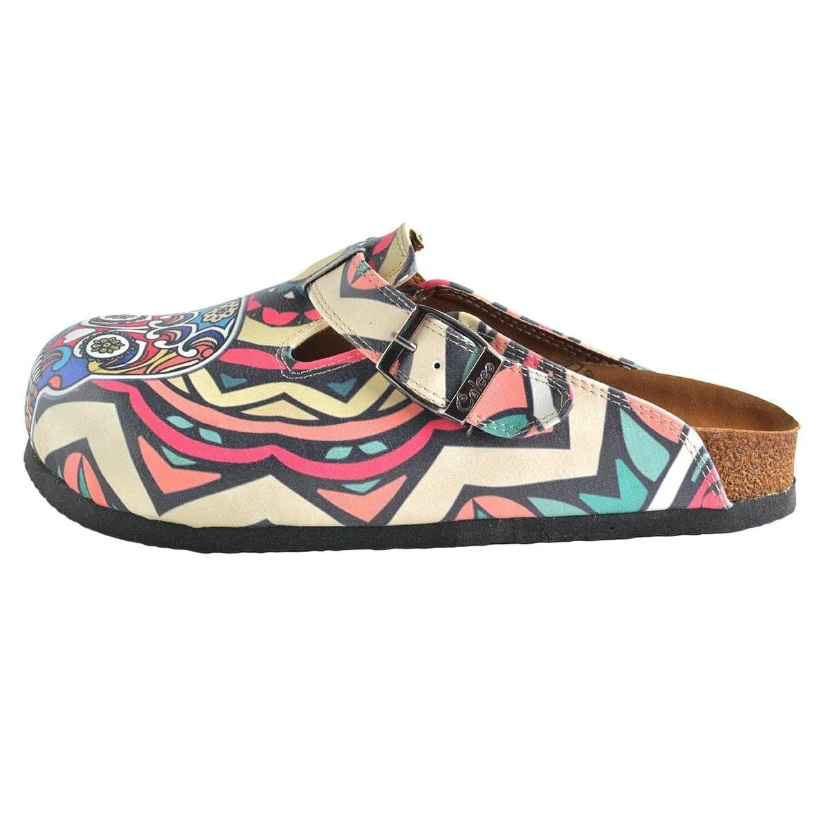 Colored Moving, Mixed Striped Pattern and Pink Flowers Dry Skull Patterned Clogs - WCAL356
