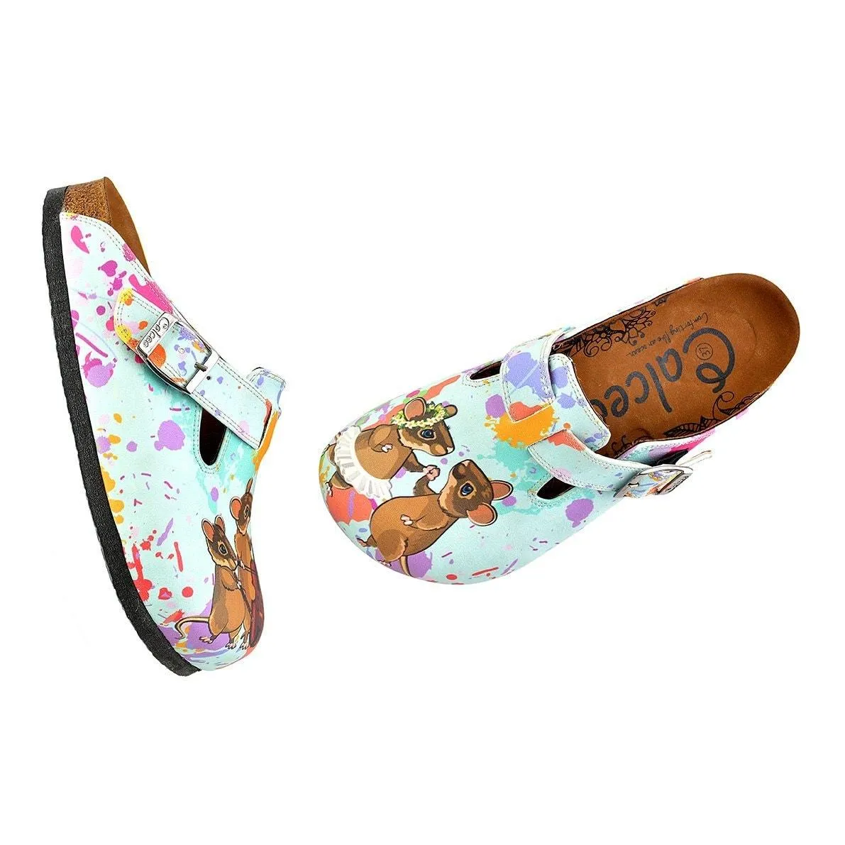 Colored Watercolor Patterned and Brown Dancing Cute Mouse Patterned Clogs - WCAL353