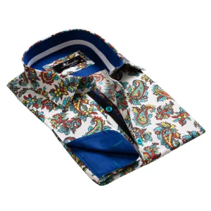 Colorful Paisley on White Mens Slim Fit French Cuff Shirts with Cufflink Holes - Casual and Formal