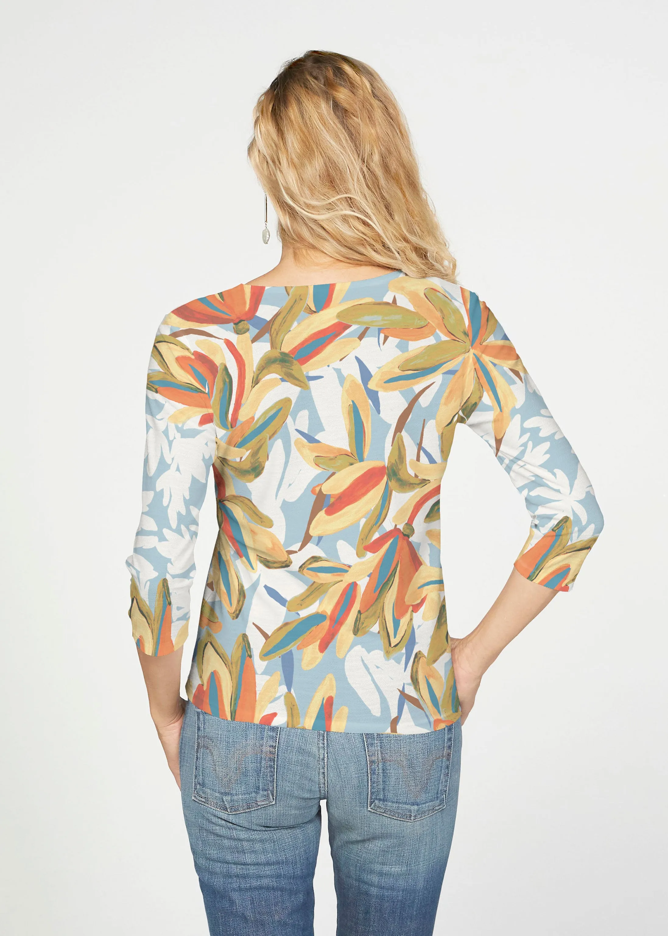 Colorful Palm (7874) ~ French Terry Tie 3/4 Sleeve Top