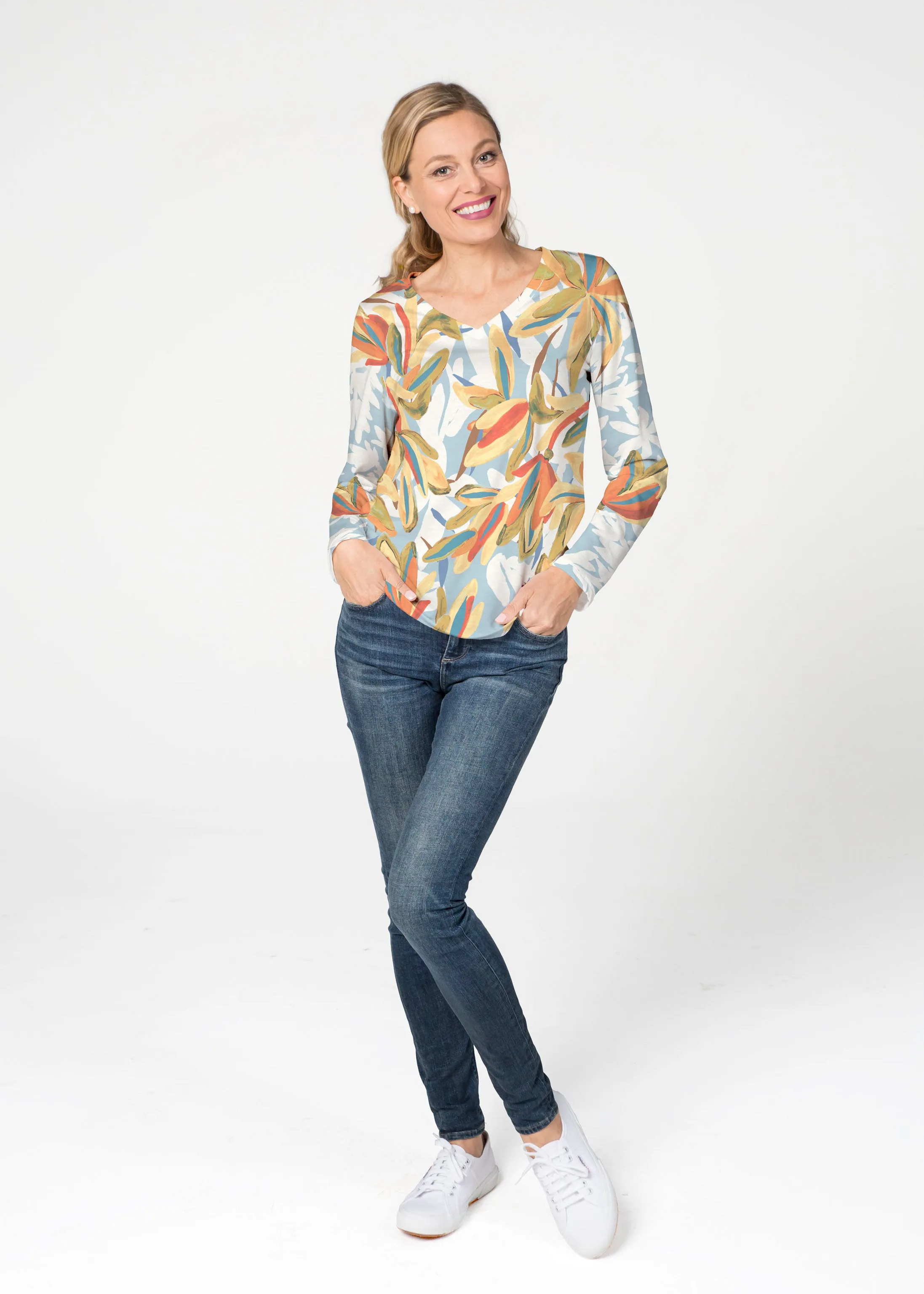 Colorful Palm (7874) ~ French Terry V-neck Top