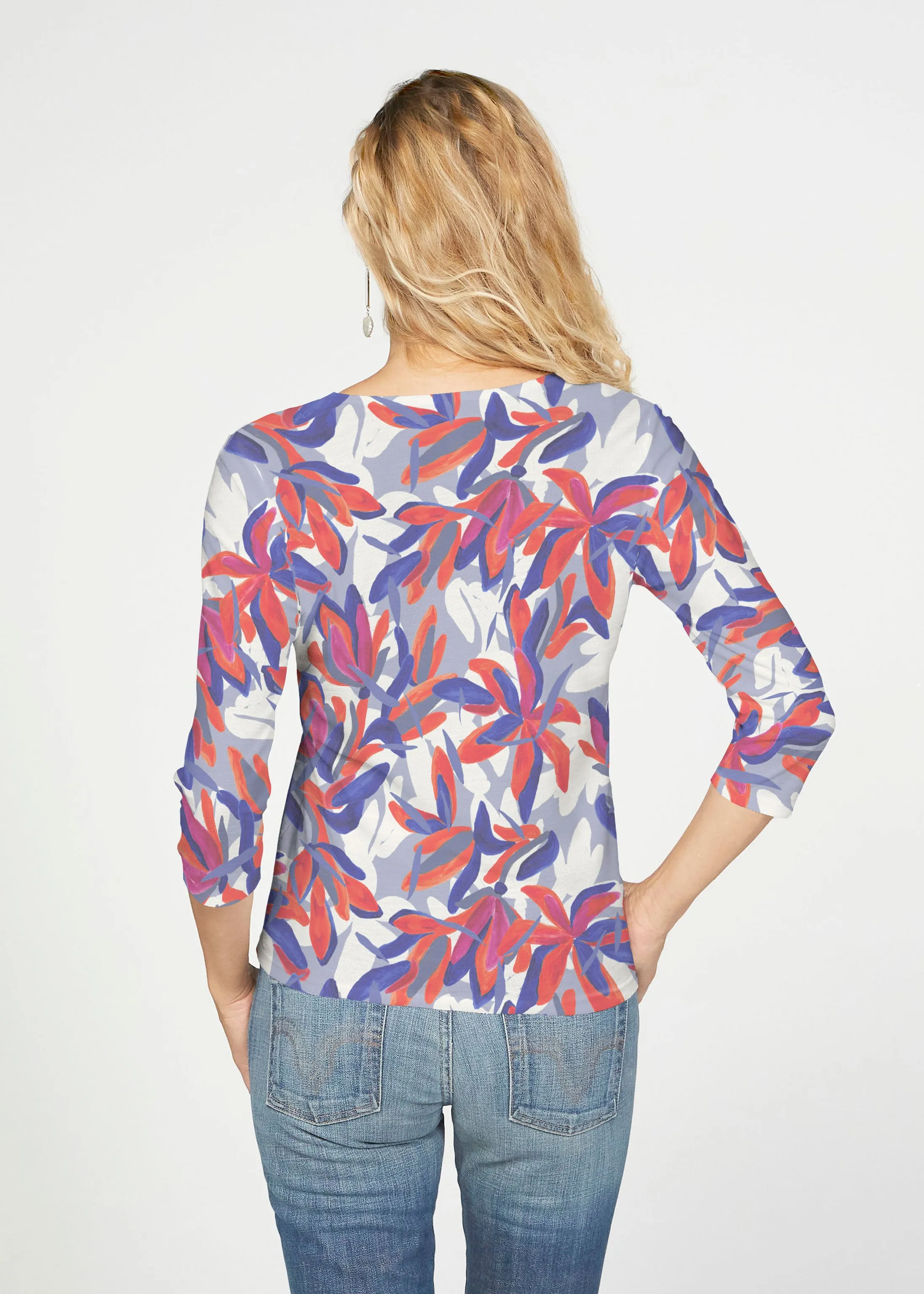 Colorful Palm Blue (7901) ~ French Terry Tie 3/4 Sleeve Top