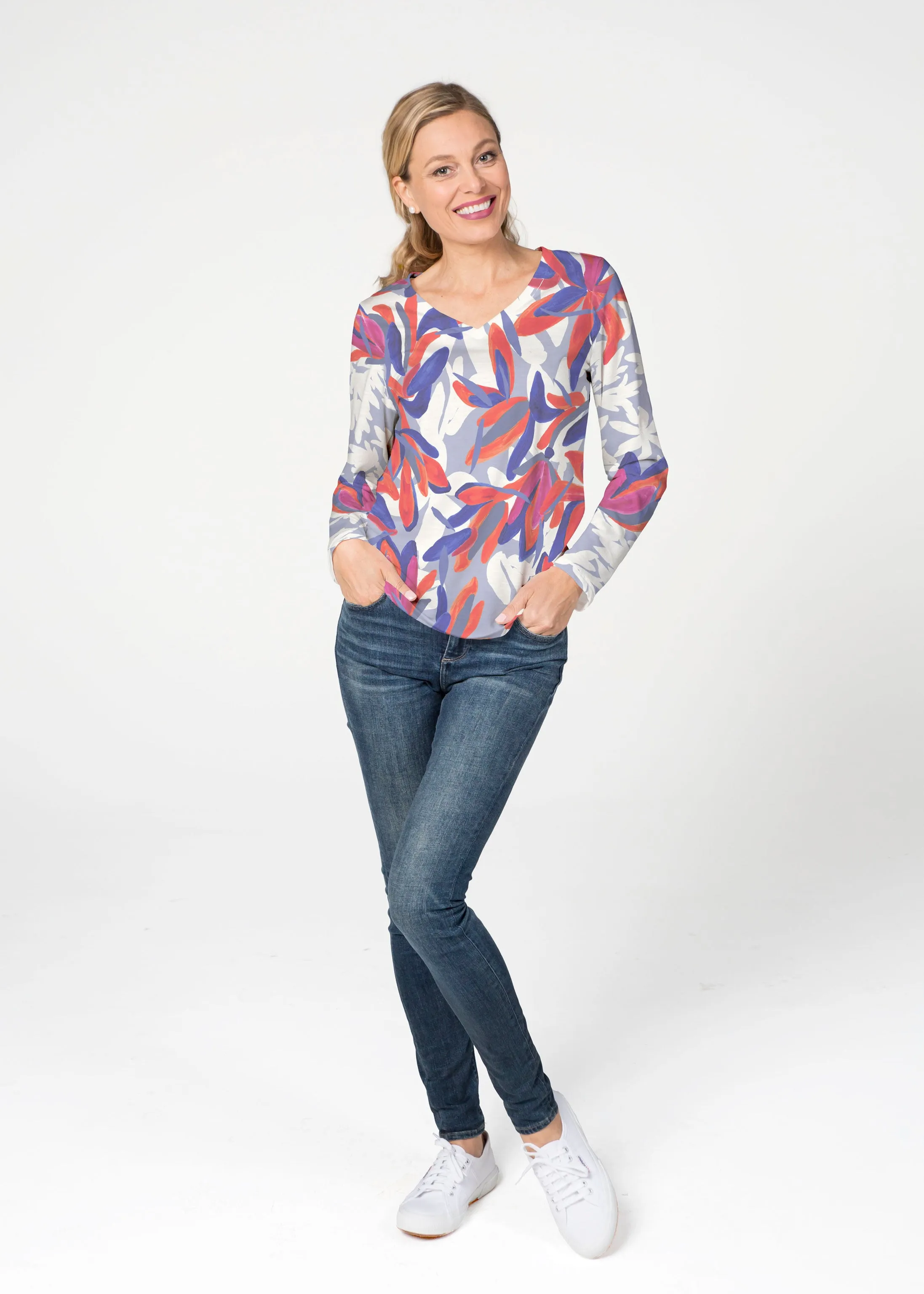 Colorful Palm Blue (7901) ~ French Terry V-neck Top