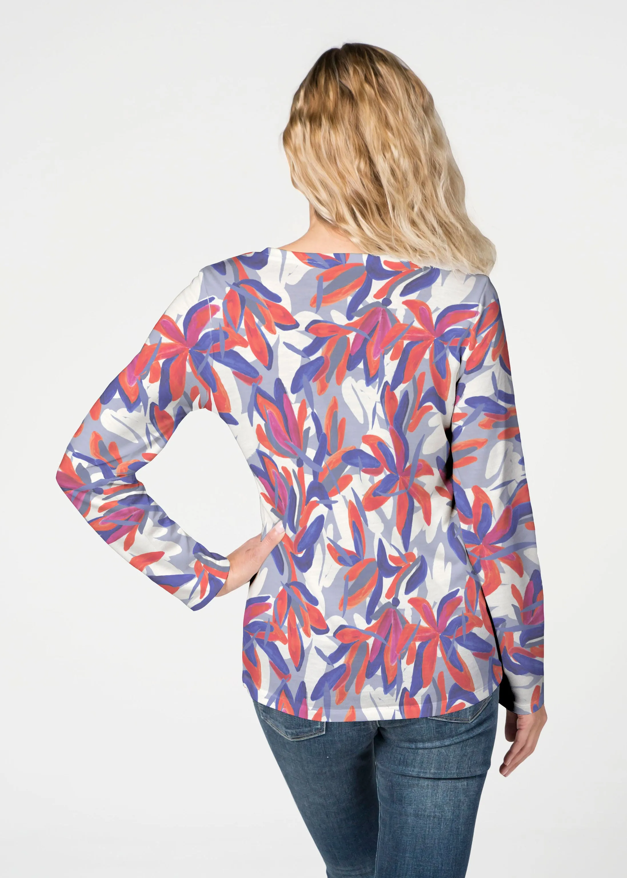 Colorful Palm Blue (7901) ~ French Terry V-neck Top