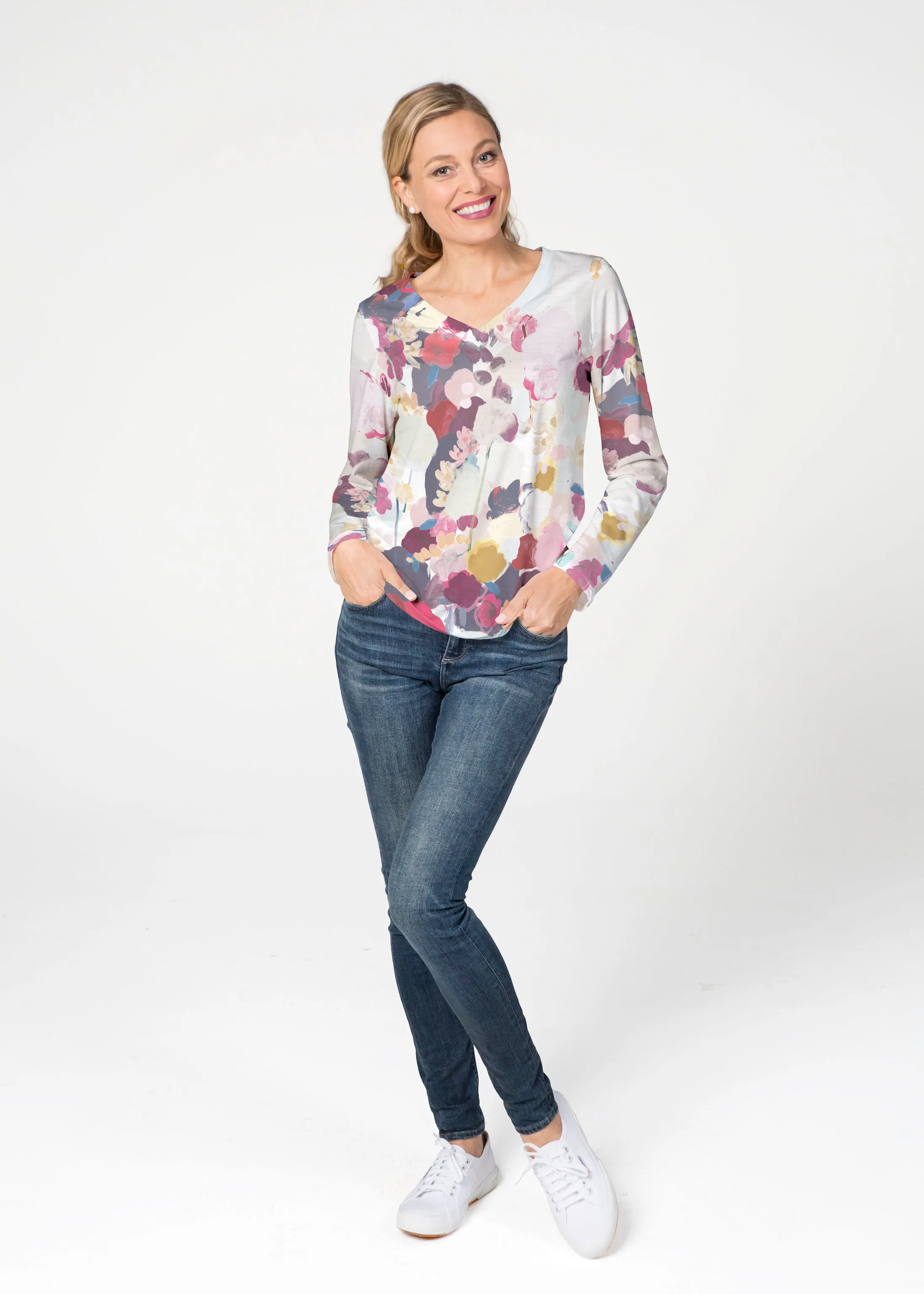 Colorful Poms (8063) ~ French Terry V-neck Top