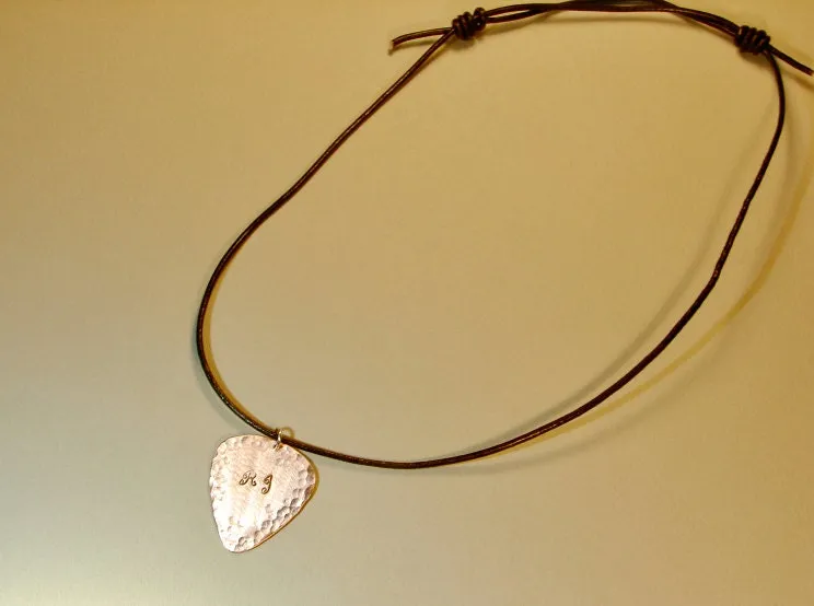 Copper guitar pick necklace with personalized initials and hammered texture for an artistic touch - NL484