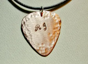 Copper guitar pick necklace with personalized initials and hammered texture for an artistic touch - NL484