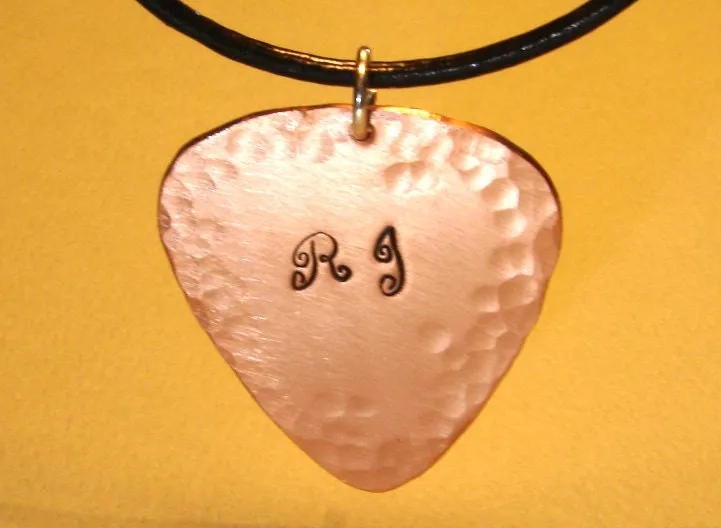 Copper guitar pick necklace with personalized initials and hammered texture for an artistic touch - NL484