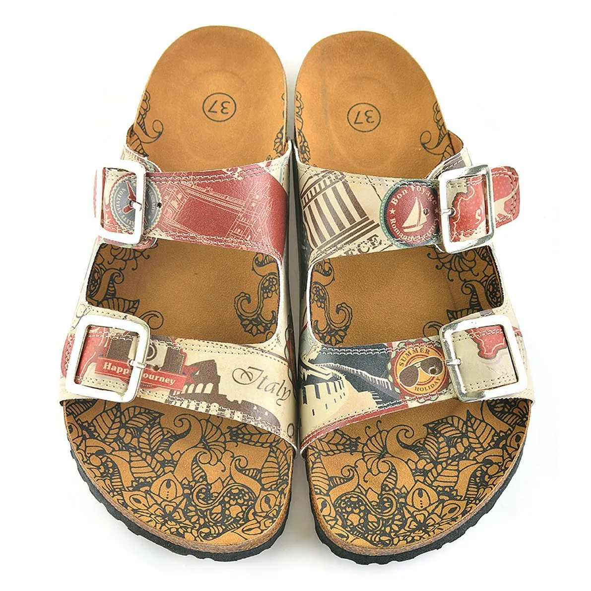 Cream, Red, Brown Italy Written Patterned Sandal - CAL202