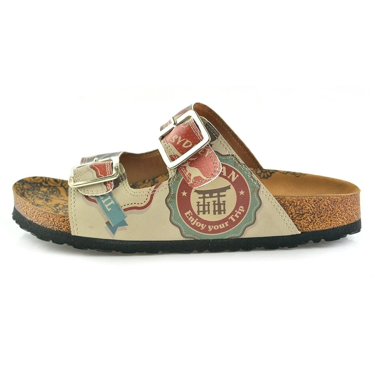 Cream, Red, Brown Italy Written Patterned Sandal - CAL202