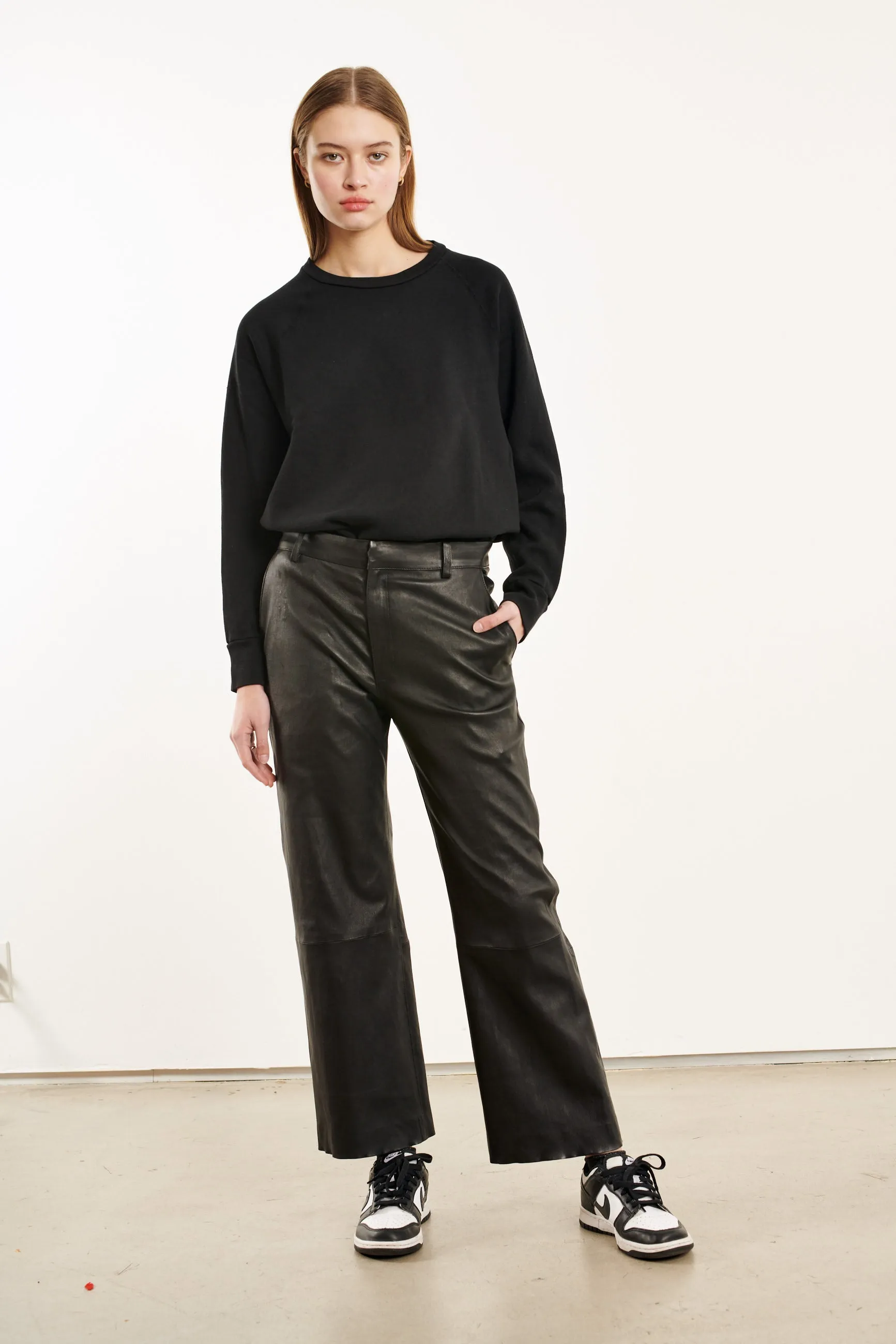 Cropped Baggy Leather Trouser in Black