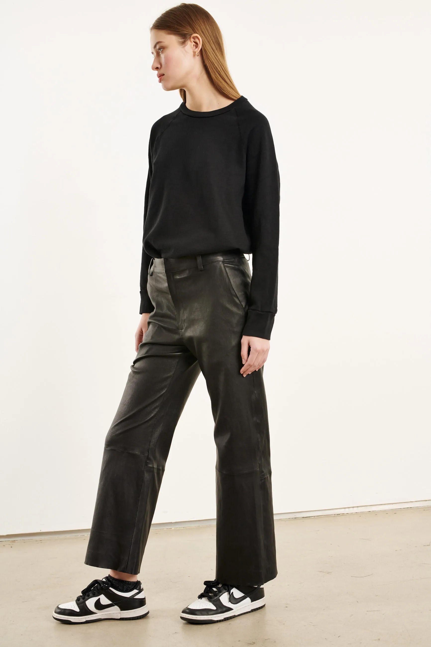 Cropped Baggy Leather Trouser in Black