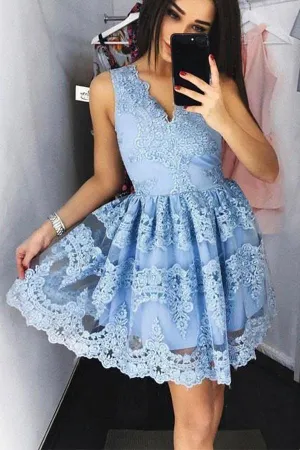 Cute Blue Lace Short Prom Dress Blue Lace Homecoming Dress PG172