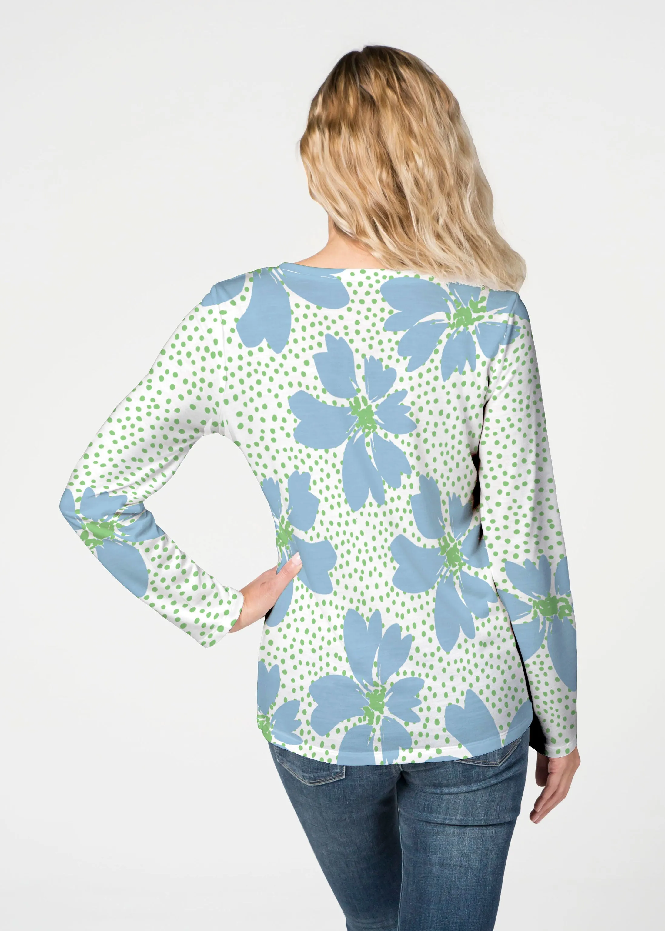 Daisy Dots Blue (8081) ~ French Terry V-neck Top