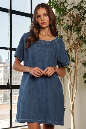 Dark Raw Hem Mini Denim Dress with Pockets