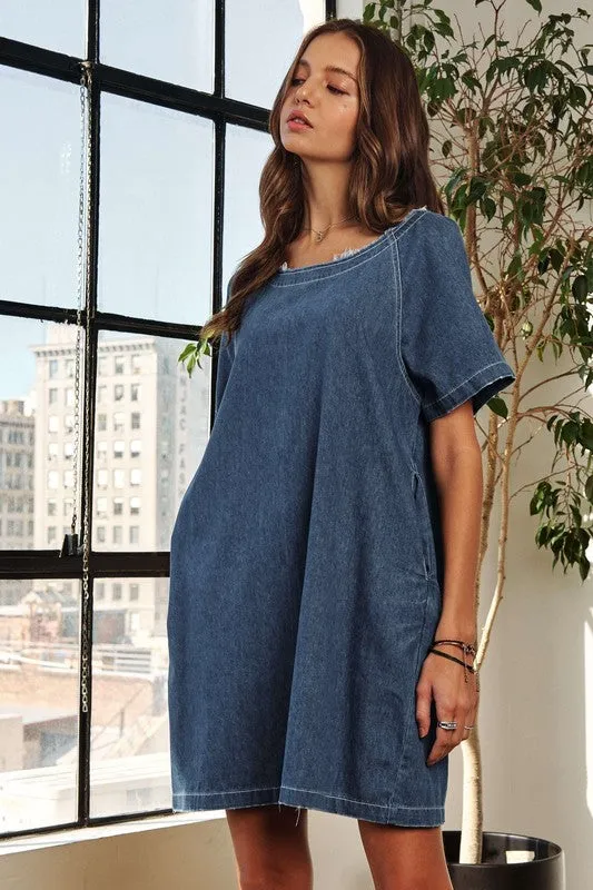 Dark Raw Hem Mini Denim Dress with Pockets