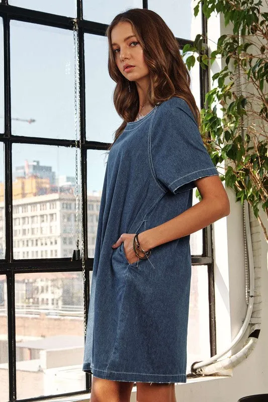 Dark Raw Hem Mini Denim Dress with Pockets