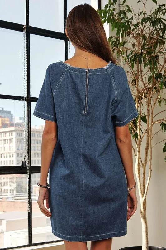 Dark Raw Hem Mini Denim Dress with Pockets