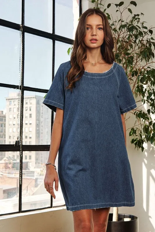 Dark Raw Hem Mini Denim Dress with Pockets