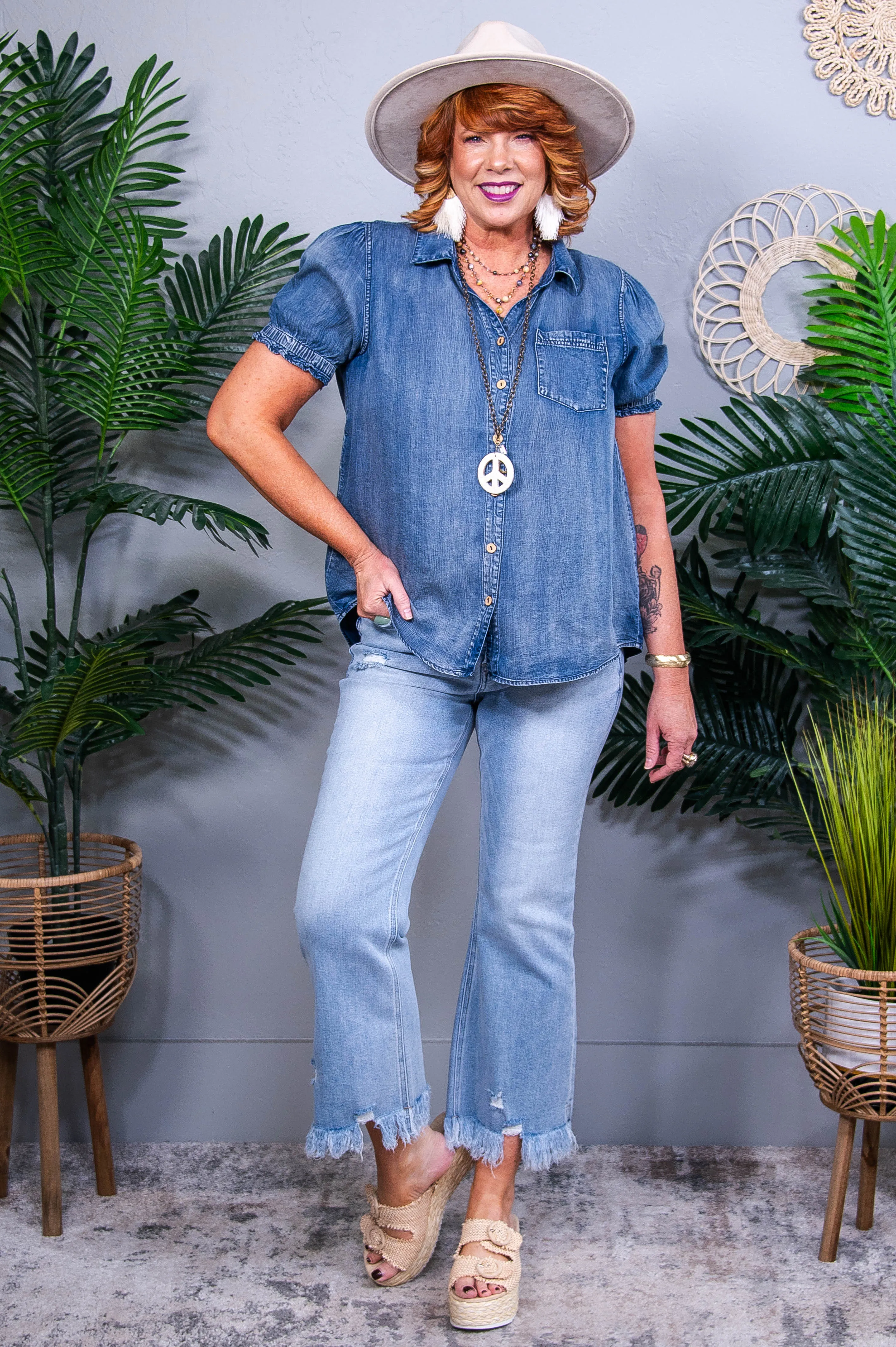 Denim Darling Dusty Blue Puff Sleeve Top - T10899BL