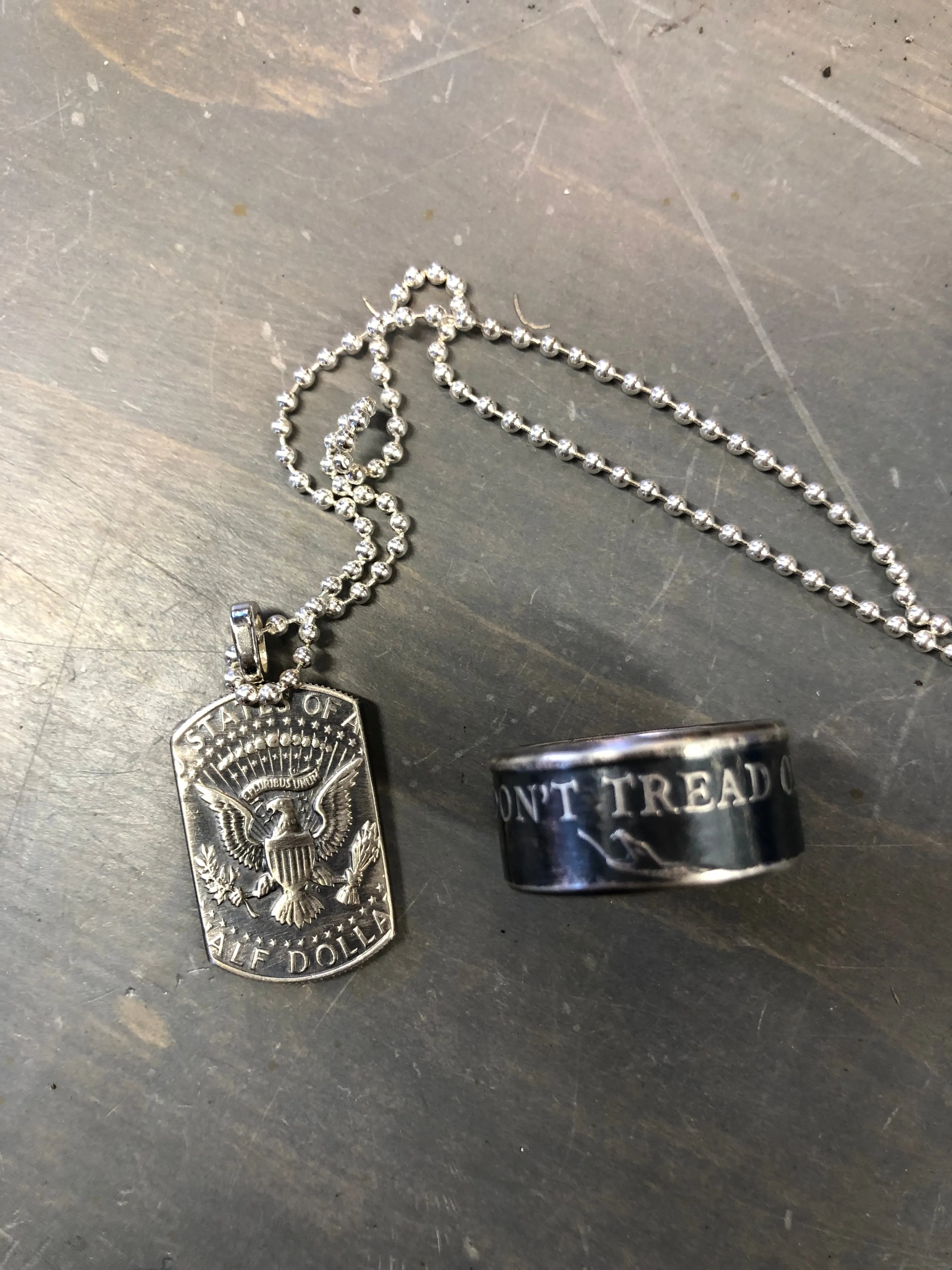 Don’t Tread On Me Silver Coin Ring & American Pride Dog Tag Necklace