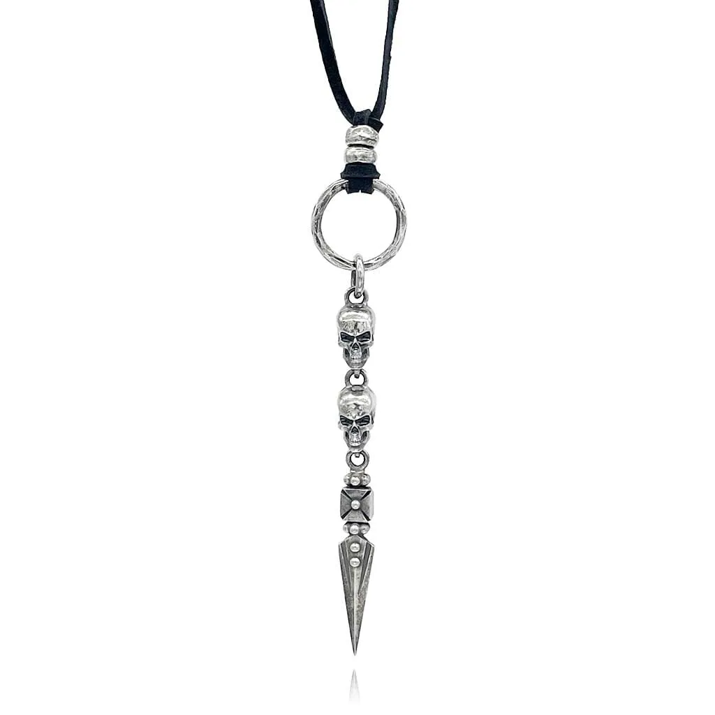 Double Skull and Dagger Leather Necklace
