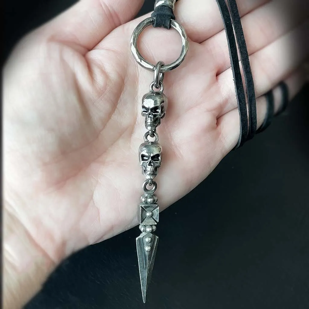 Double Skull and Dagger Leather Necklace