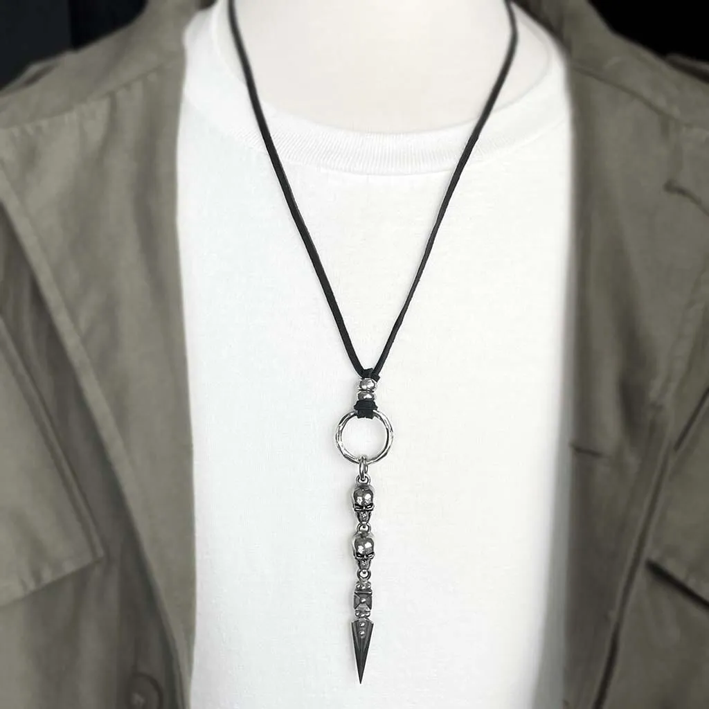 Double Skull and Dagger Leather Necklace