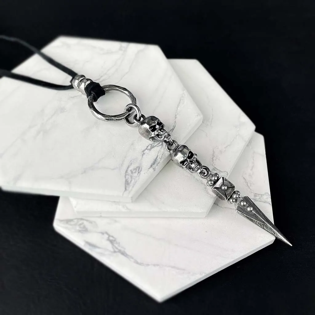 Double Skull and Dagger Leather Necklace