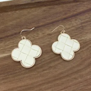 Earrings, Faux Leather Clover-Shape, White