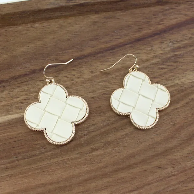 Earrings, Faux Leather Clover-Shape, White