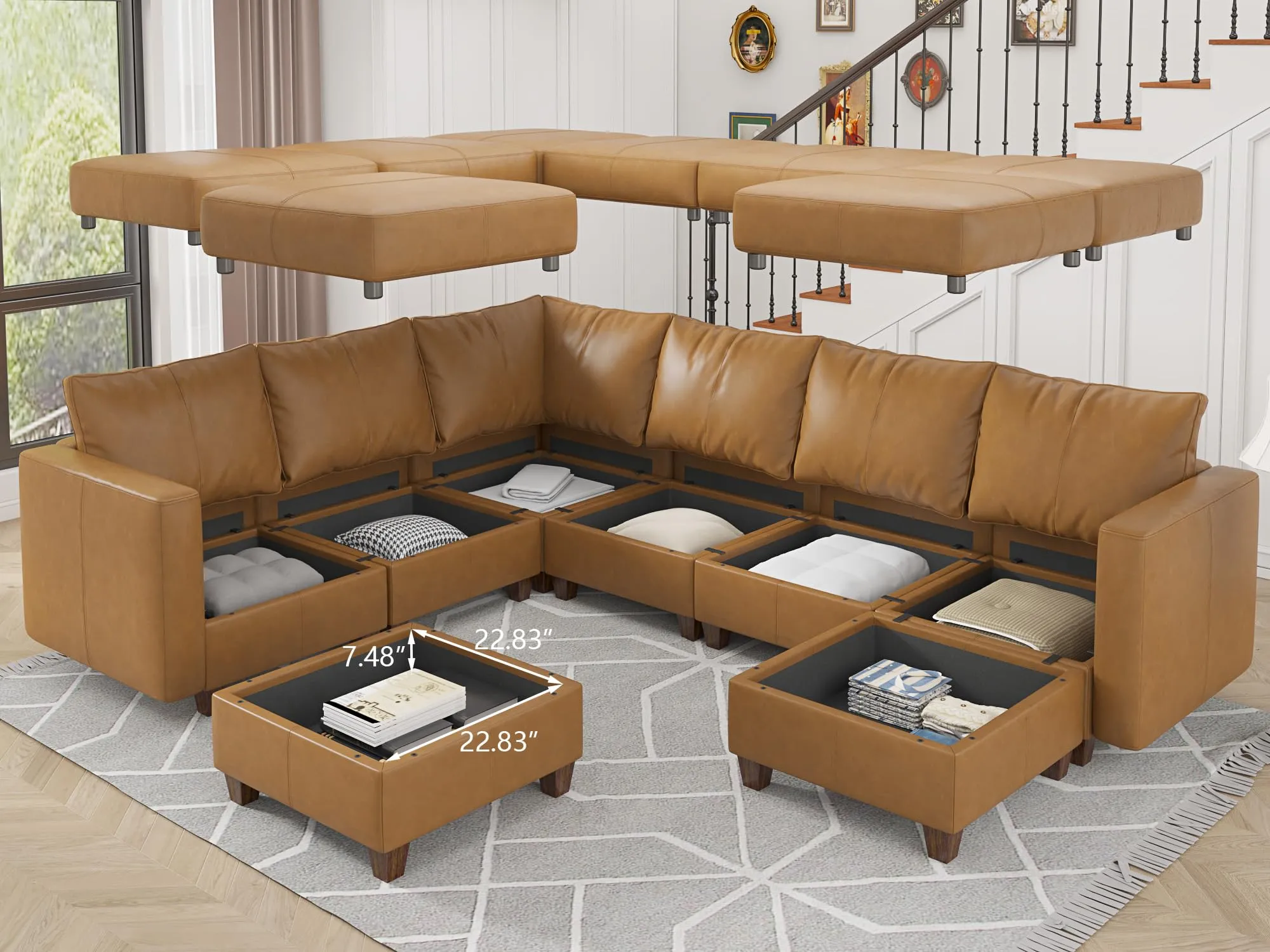 EASE MOOSE Modular Faux Leather Sectional Sofa with Storage, U Shaped - Brown