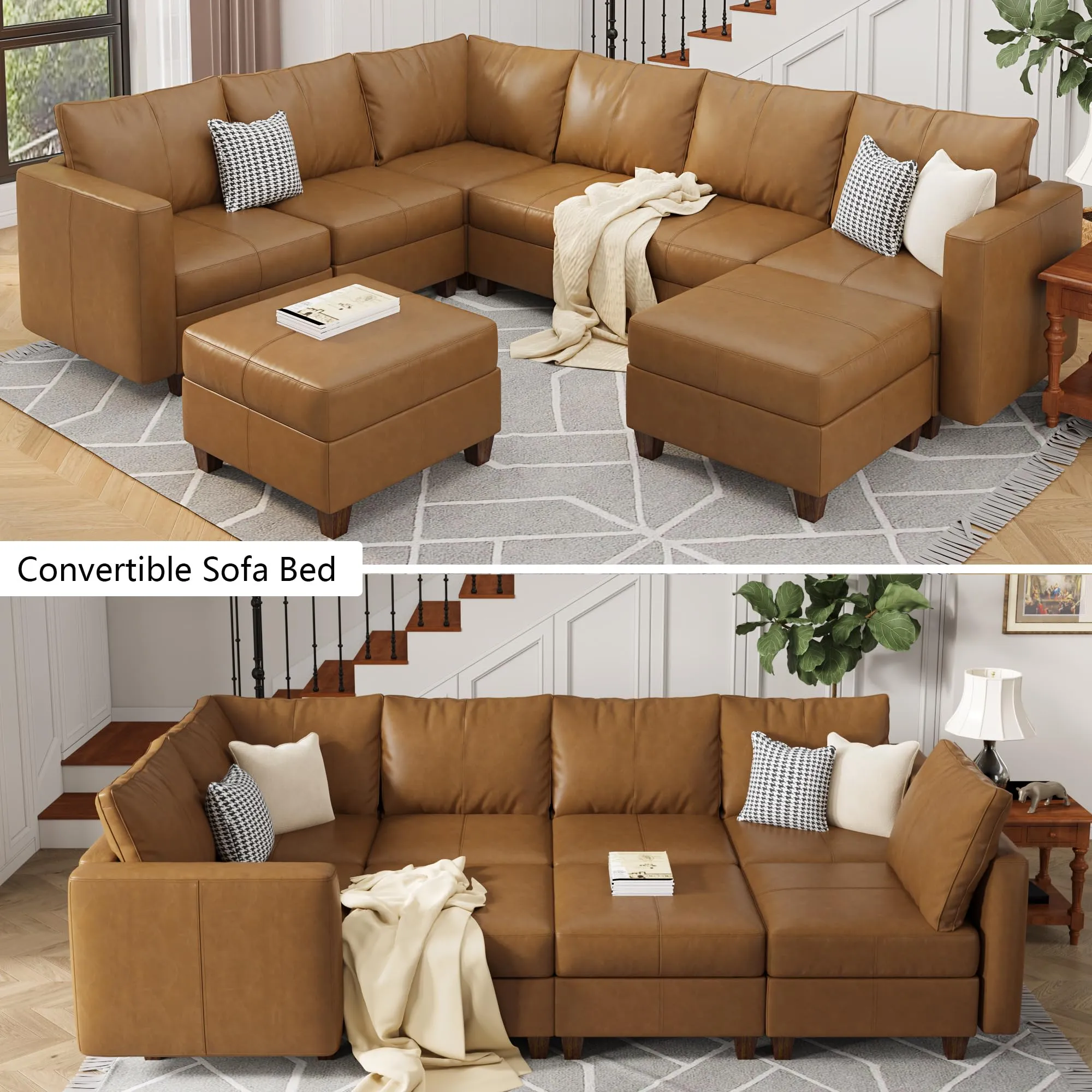 EASE MOOSE Modular Faux Leather Sectional Sofa with Storage, U Shaped - Brown