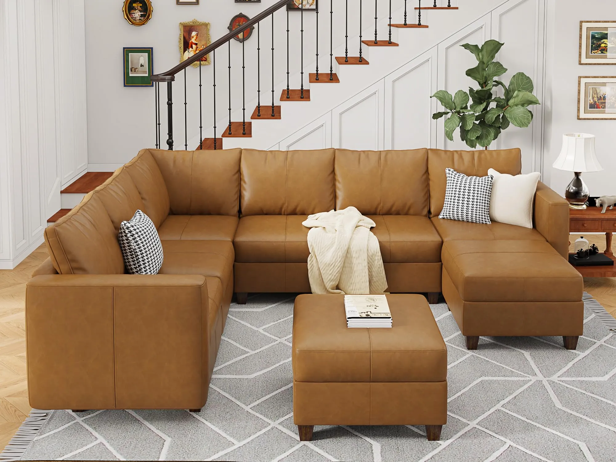 EASE MOOSE Modular Faux Leather Sectional Sofa with Storage, U Shaped - Brown