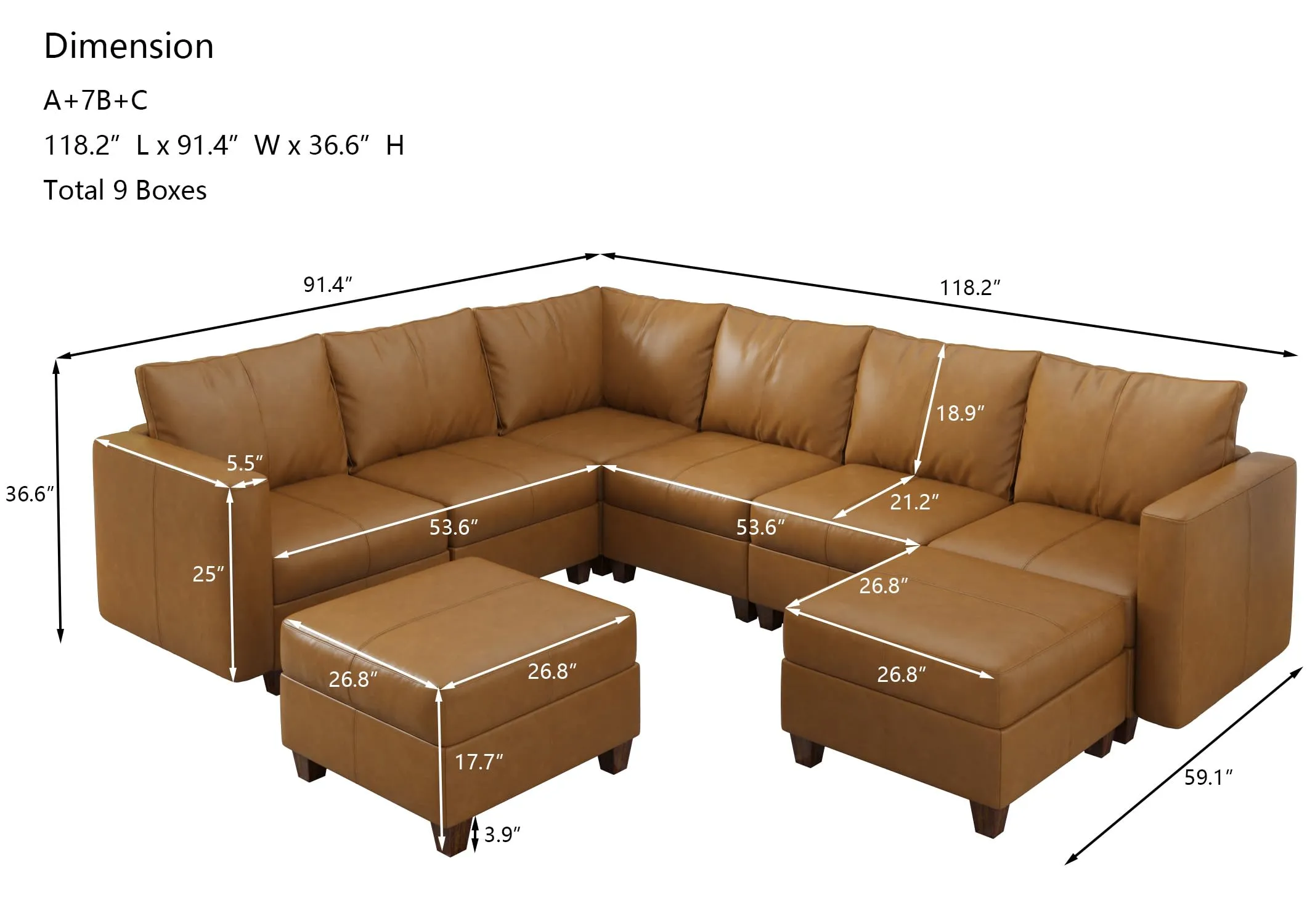 EASE MOOSE Modular Faux Leather Sectional Sofa with Storage, U Shaped - Brown