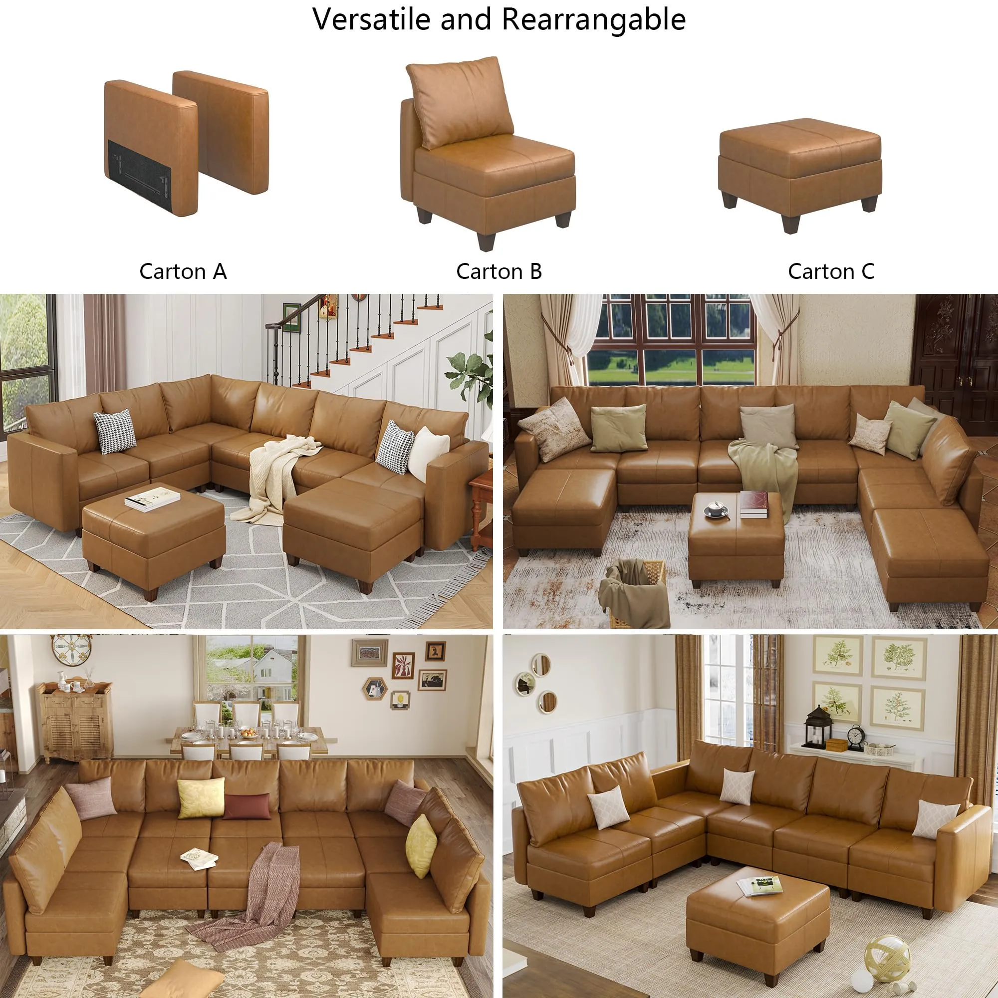 EASE MOOSE Modular Faux Leather Sectional Sofa with Storage, U Shaped - Brown