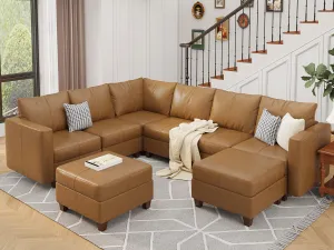 EASE MOOSE Modular Faux Leather Sectional Sofa with Storage, U Shaped - Brown