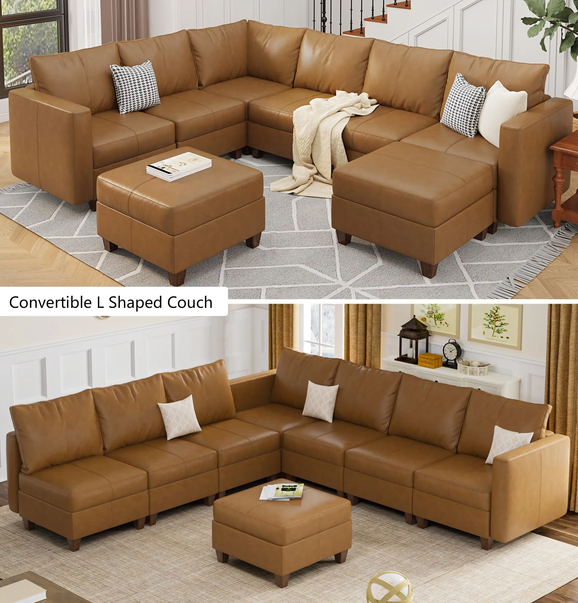 EASE MOOSE Modular Faux Leather Sectional Sofa with Storage, U Shaped - Brown
