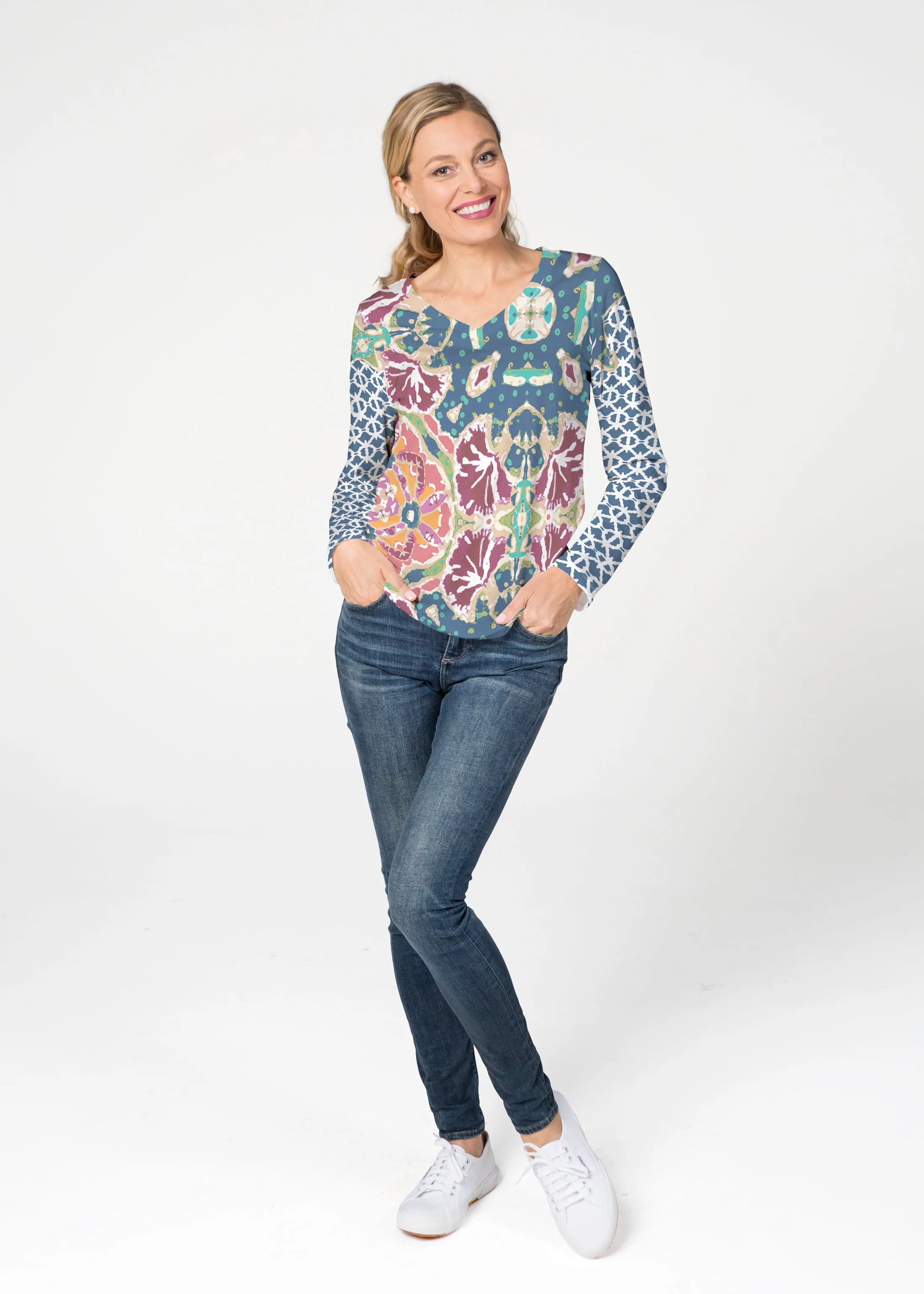 Eden Navy (2815) ~ French Terry V-neck Top
